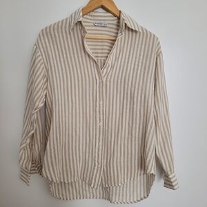 Stradivarius Beige White Striped Button Down Linen Cotton Blend Shirt XS